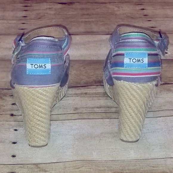 Tom's Denim Stripped Wedge Sandal Espadrille size 8 38.5 EU - Picture 6 of 6